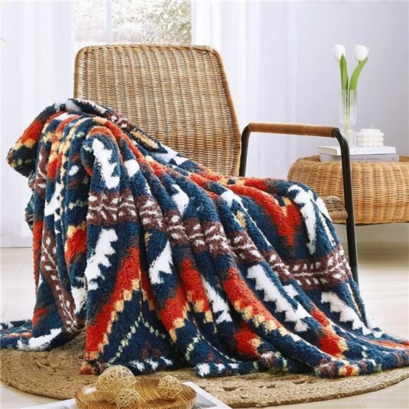 Boho Sherpa Throw Blanket Aztec Navy Ultra Soft Warm Cozy Plush Thick Fleece